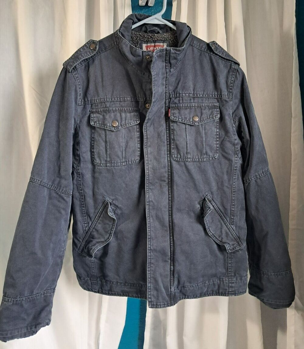 Levis Blue Sherpa Lined Trucker Chore Military Style Jacket Men Size Medium